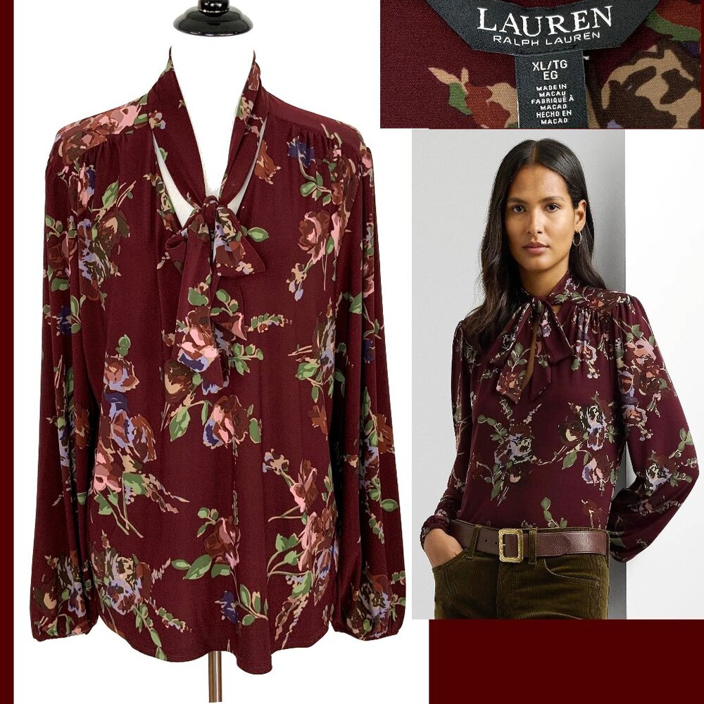 New Lauren Ralph Lauren Floral Stretch Jersey Tie-Neck Long Sleeve Blouse Sz XL - Picture 2 of 16